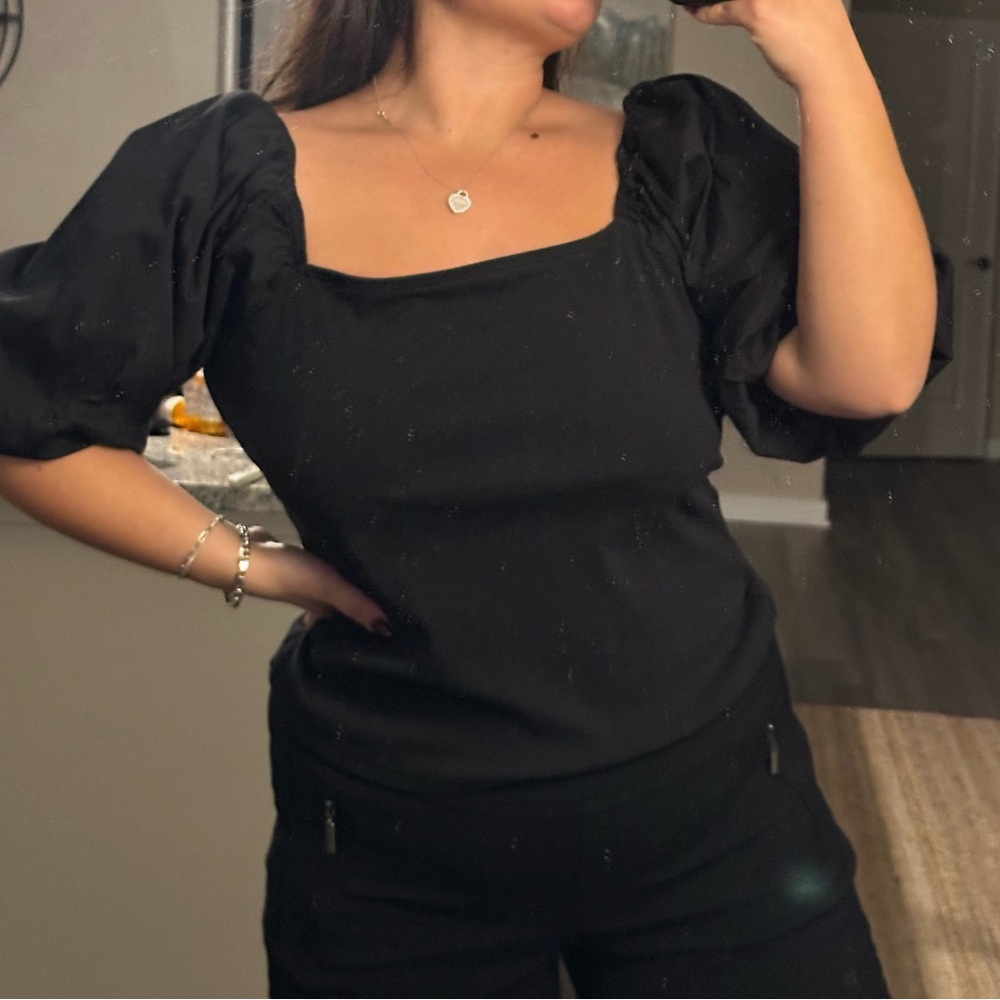 NWOT Ann Taylor Puffy Sleeve Black Top